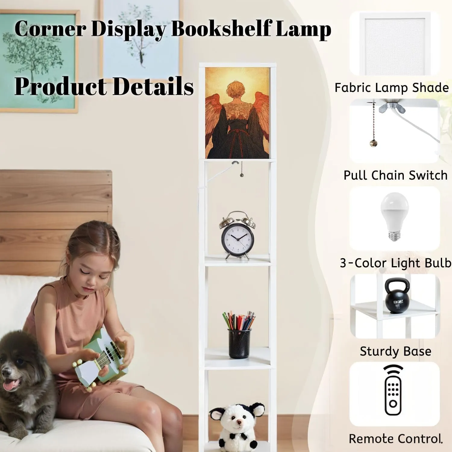 Radiant Angel Art Flat Wings Delicate Patterns Floor Lamps with Shelves, Modern Standing Lamp Narrow Corner Display Bookshelf Lamp for Living Room, Bedroom, Office Decor