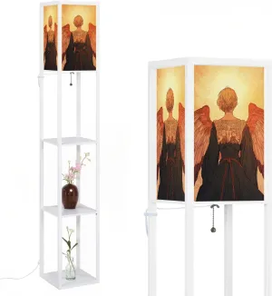 Radiant Angel Art Flat Wings Delicate Patterns Floor Lamps with Shelves, Modern Standing Lamp Narrow Corner Display Bookshelf Lamp for Living Room, Bedroom, Office Decor