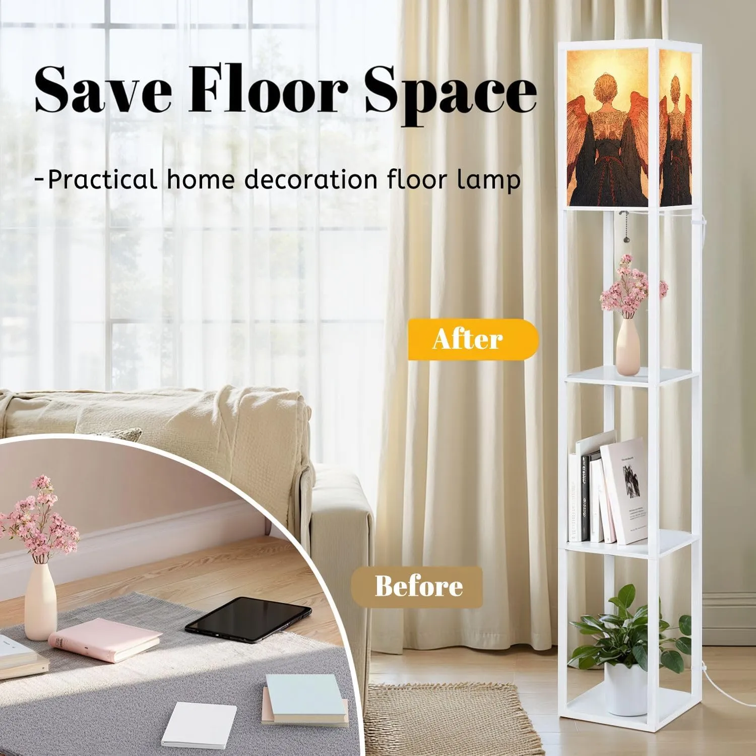 Radiant Angel Art Flat Wings Delicate Patterns Floor Lamps with Shelves, Modern Standing Lamp Narrow Corner Display Bookshelf Lamp for Living Room, Bedroom, Office Decor