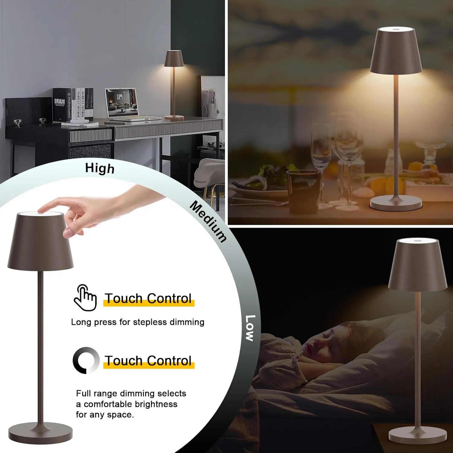 Ralaby IP54 Cordless Table Lamp Aluminum Portable LED Desk Lamp 4800mAh Battery Operated Stepless Dimming Up for Restaurant/Bedroom/Bars/Outdoor Party/Camping/Coffee Shop (2 Pack,Rust-Coloured)