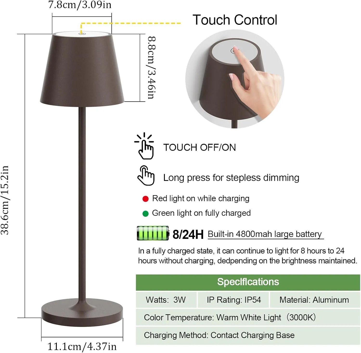 Ralaby IP54 Cordless Table Lamp Aluminum Portable LED Desk Lamp 4800mAh Battery Operated Stepless Dimming Up for Restaurant/Bedroom/Bars/Outdoor Party/Camping/Coffee Shop (2 Pack,Rust-Coloured)