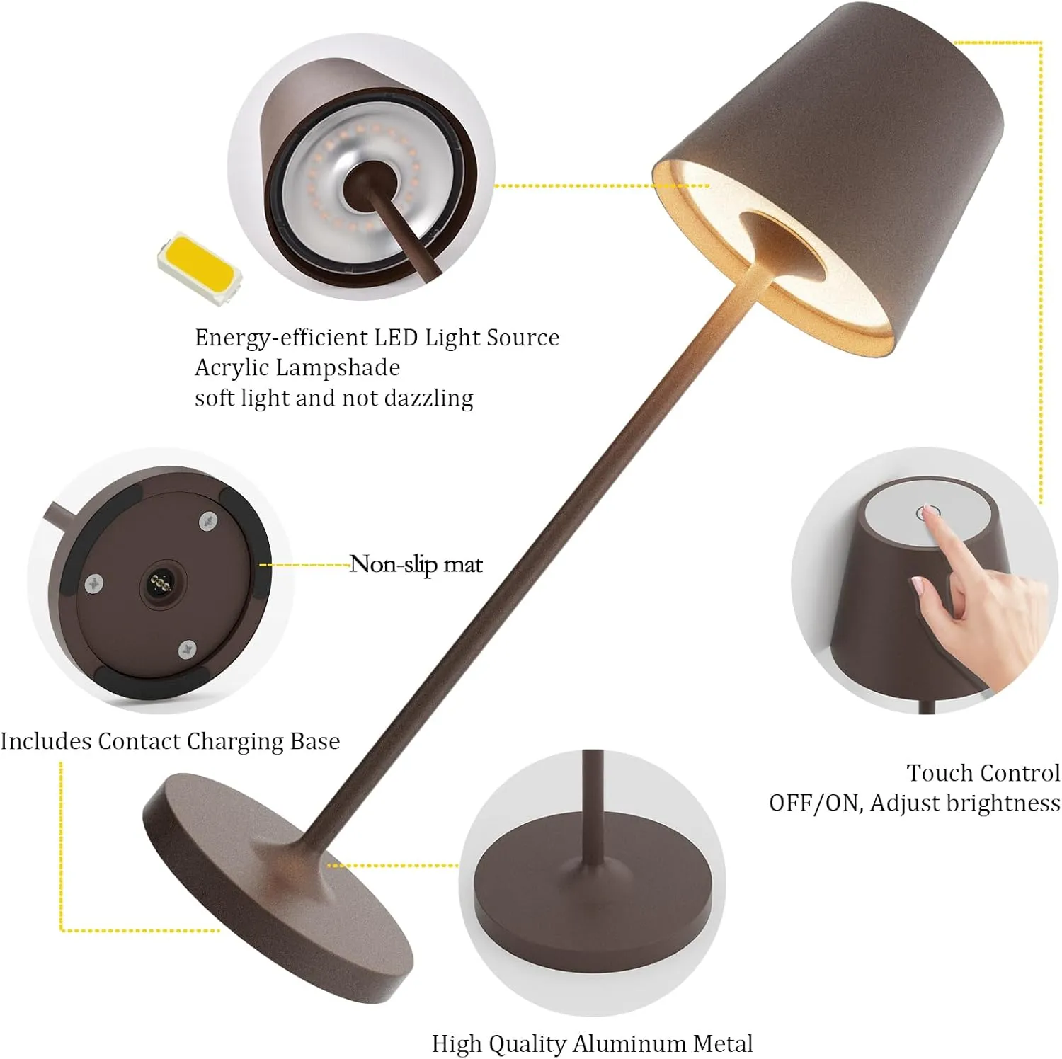 Ralaby IP54 Cordless Table Lamp Aluminum Portable LED Desk Lamp 4800mAh Battery Operated Stepless Dimming Up for Restaurant/Bedroom/Bars/Outdoor Party/Camping/Coffee Shop (2 Pack,Rust-Coloured)
