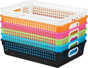 Really Good Stuff 6PK Plastic Desktop Paper Storage Basket for Classroom or Home–14”x10” Plastic Mesh Basket-Secure Papers Crease-Free–Neon Pop