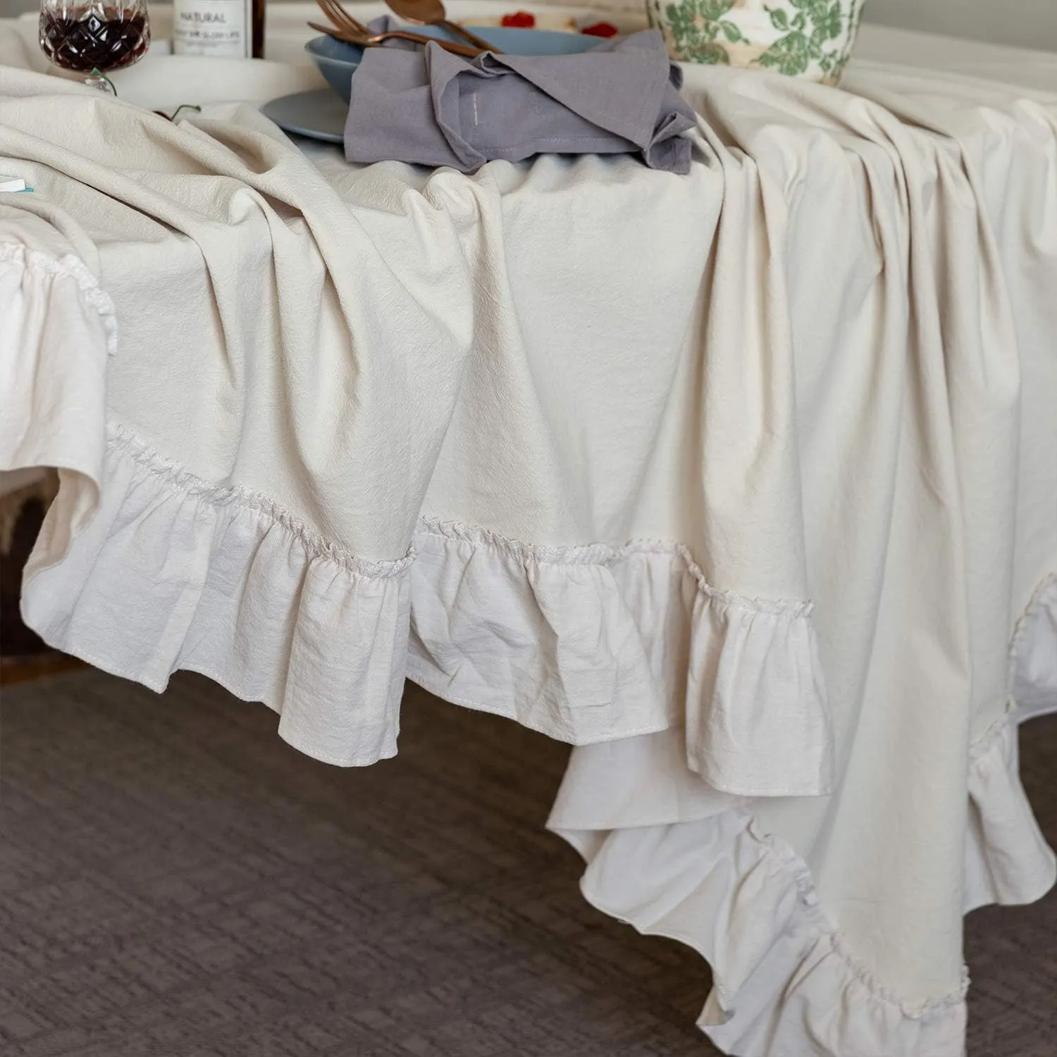 Retro Farmhouse Ruffle Tablecloth Cotton Flounces Trim Washable Table Cover Tablecloths for Rectangle Table Baby Shower Kitchen Party Wedding Decor Off-White, 52''x70''