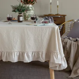 Retro Farmhouse Ruffle Tablecloth Cotton Flounces Trim Washable Table Cover Tablecloths for Rectangle Table Baby Shower Kitchen Party Wedding Decor Off-White, 52''x70''