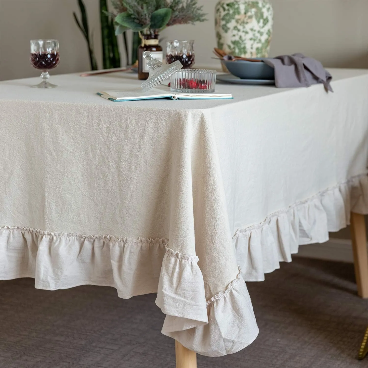 Retro Farmhouse Ruffle Tablecloth Cotton Flounces Trim Washable Table Cover Tablecloths for Rectangle Table Baby Shower Kitchen Party Wedding Decor Off-White, 52''x70''