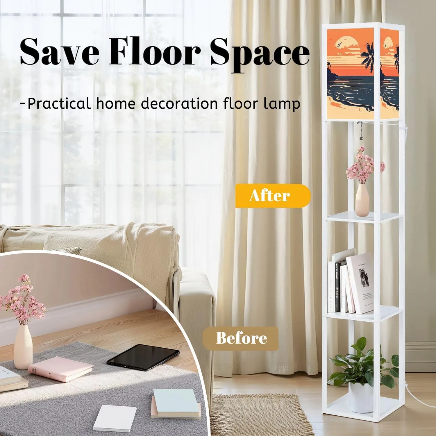 Retro Summer Sunset Sea Poster Flat for Invitations Posters Flyers for Floor Lamps with Shelves, Modern Standing Lamp Narrow Corner Display Bookshelf Lamp for Living Room, Bedroom, Office Decor