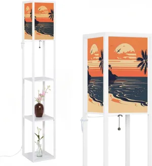 Retro Summer Sunset Sea Poster Flat for Invitations Posters Flyers for Floor Lamps with Shelves, Modern Standing Lamp Narrow Corner Display Bookshelf Lamp for Living Room, Bedroom, Office Decor