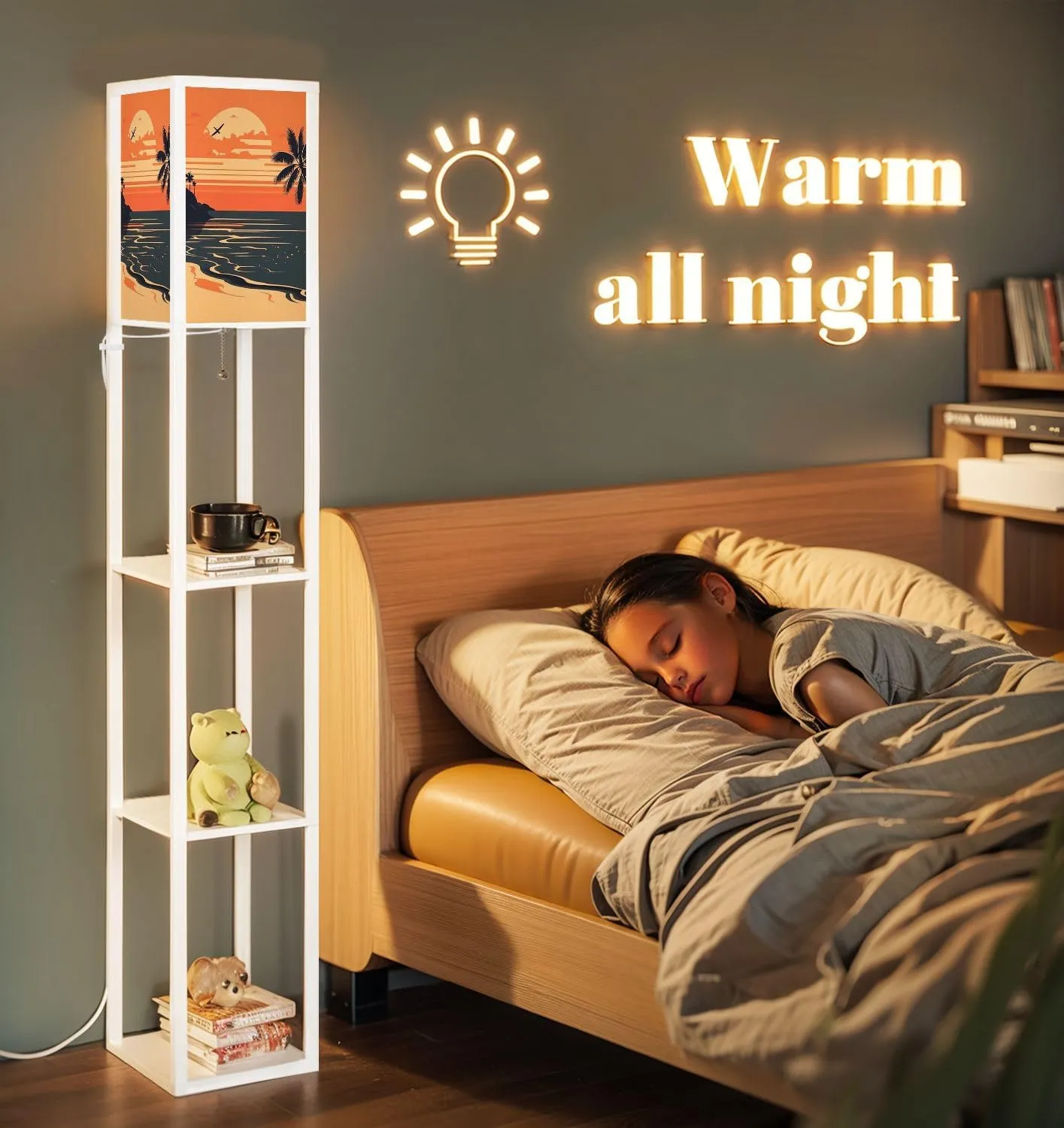 Retro Summer Sunset Sea Poster Flat for Invitations Posters Flyers for Floor Lamps with Shelves, Modern Standing Lamp Narrow Corner Display Bookshelf Lamp for Living Room, Bedroom, Office Decor