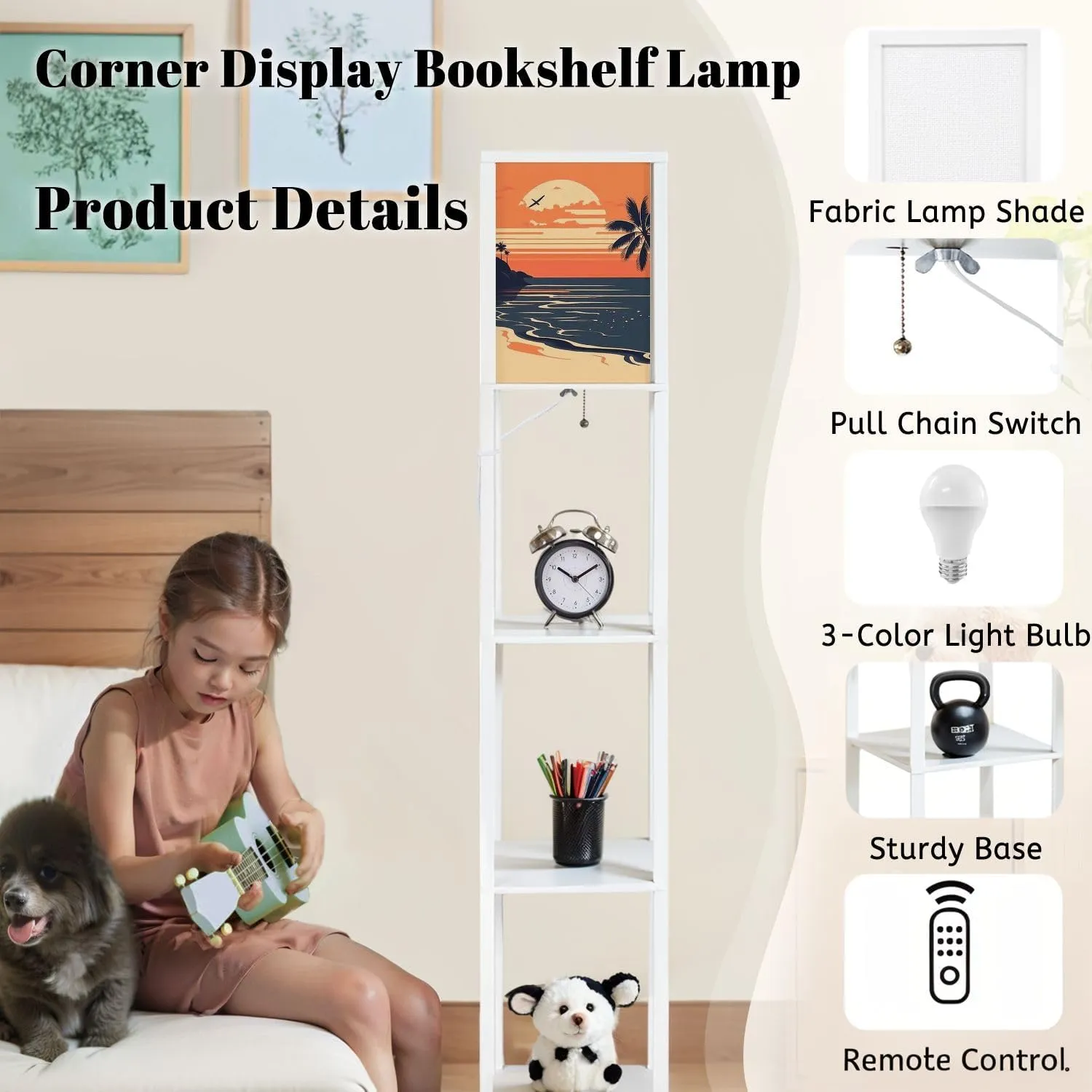 Retro Summer Sunset Sea Poster Flat for Invitations Posters Flyers for Floor Lamps with Shelves, Modern Standing Lamp Narrow Corner Display Bookshelf Lamp for Living Room, Bedroom, Office Decor