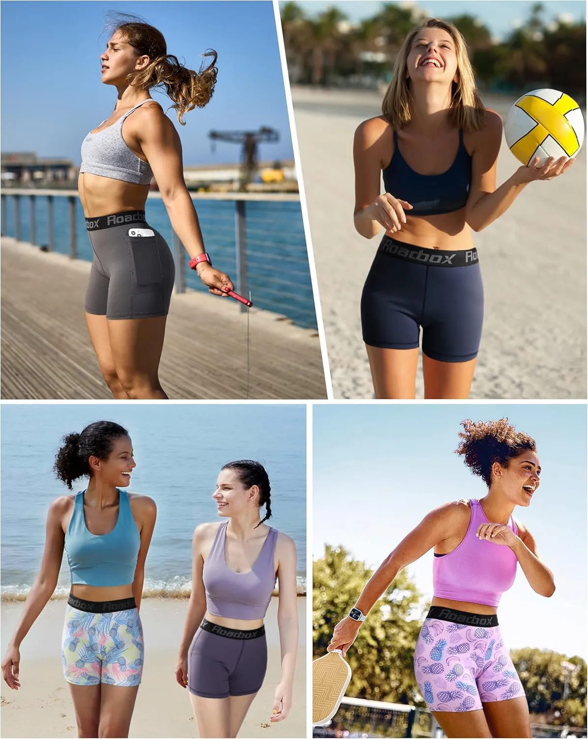 Roadbox 4" Women's Spandex Compression Shorts, 3 Pack Volleyball Shorts Athletic Biker Shorts for Workout Running Gym Yoga