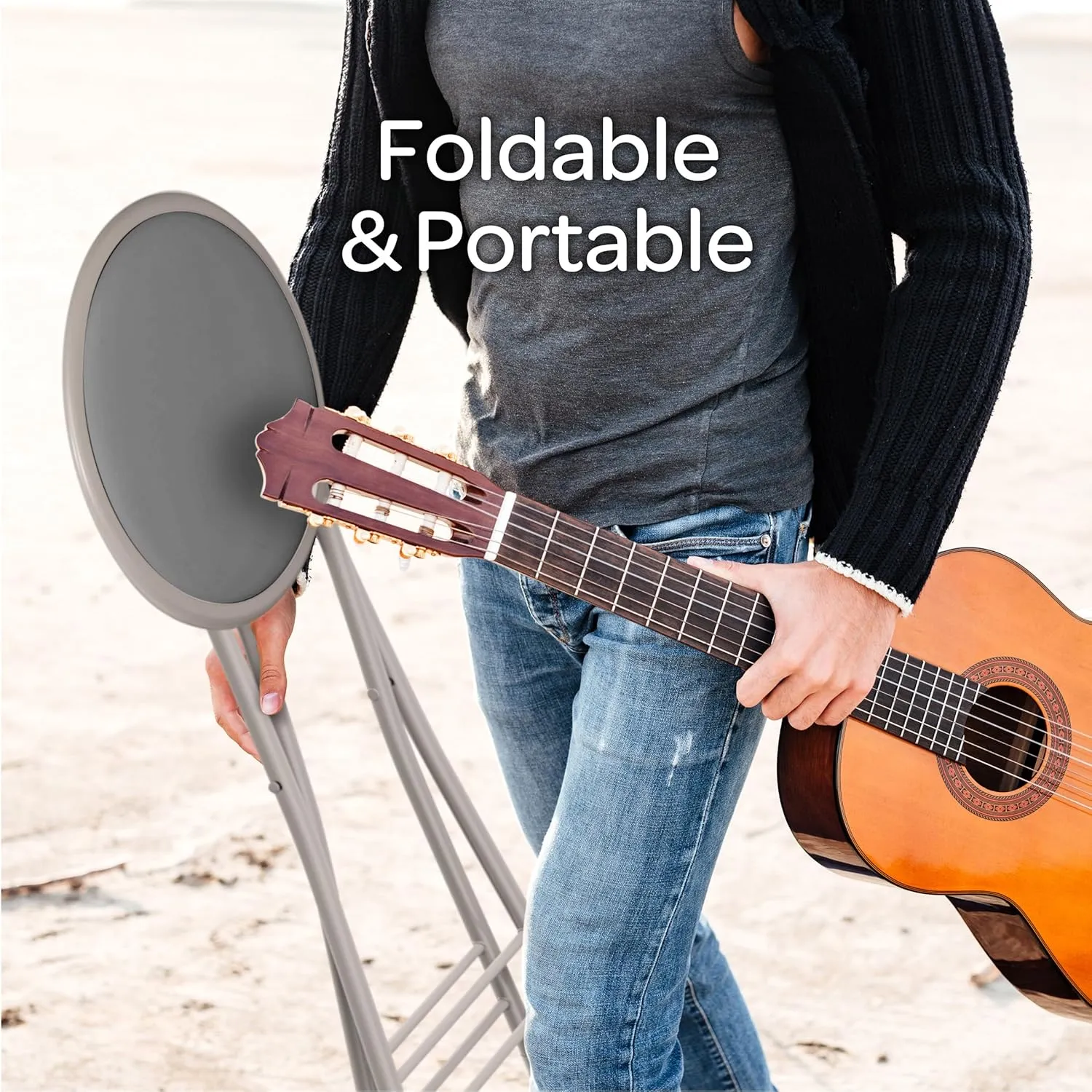 Round Folding Stool - Heavy-Duty 18-Inch Padded and Portable Stool with 300lbs Capacity for Dorm, Rec Room, or Game Room by Trademark Home (Gray)