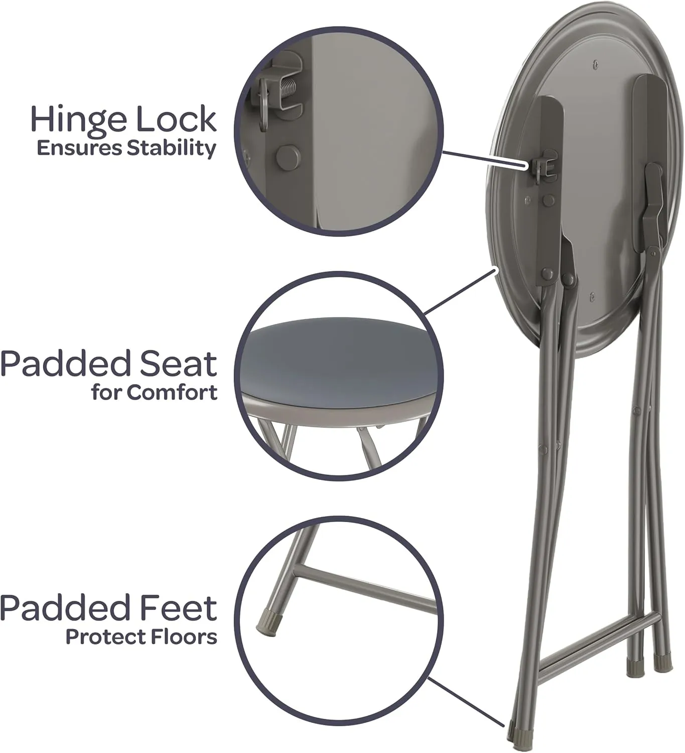 Round Folding Stool - Heavy-Duty 18-Inch Padded and Portable Stool with 300lbs Capacity for Dorm, Rec Room, or Game Room by Trademark Home (Gray)