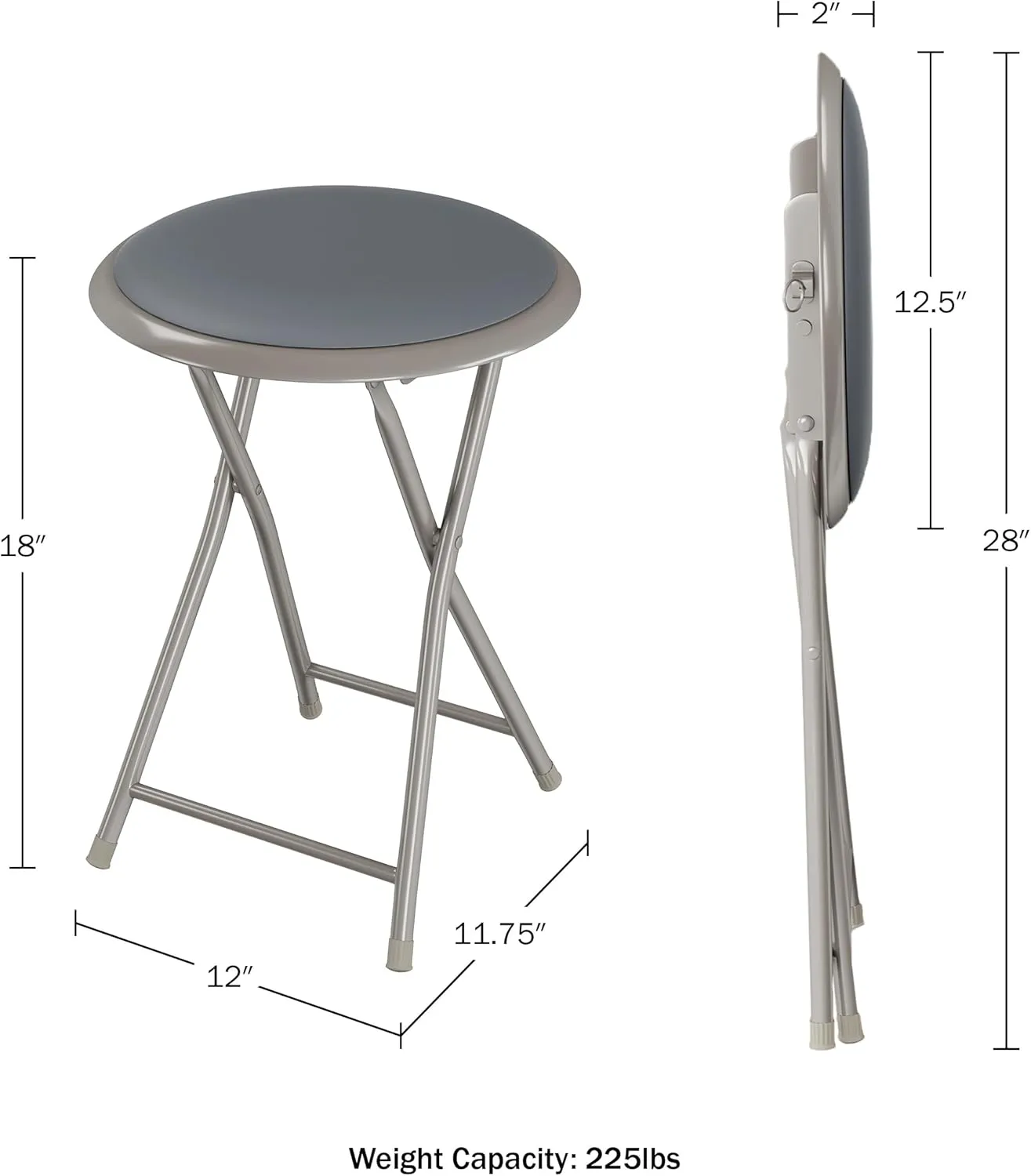 Round Folding Stool - Heavy-Duty 18-Inch Padded and Portable Stool with 300lbs Capacity for Dorm, Rec Room, or Game Room by Trademark Home (Gray)