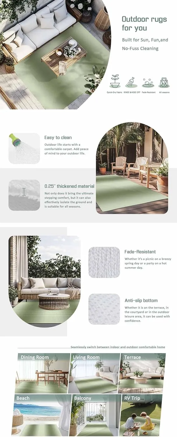 Sage Green Gradient Outdoor Patio Rug 6x9ft Large, Washable RV Camping Outside Area Runner Rug Mat, Modern Minimalist Stripes Indoor Outdoor Carpet for Picnic Backyard Deck Porch Balcony Beach