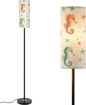 Seamless Pattern Cartoon Doodle Seahorse sea Animal Flat Style Modern Floor Lamp Minimalist Standing Lamps for Living Room LED Corner Lamp Remote Control Metal Pole Lamp for Bedroom, Reading