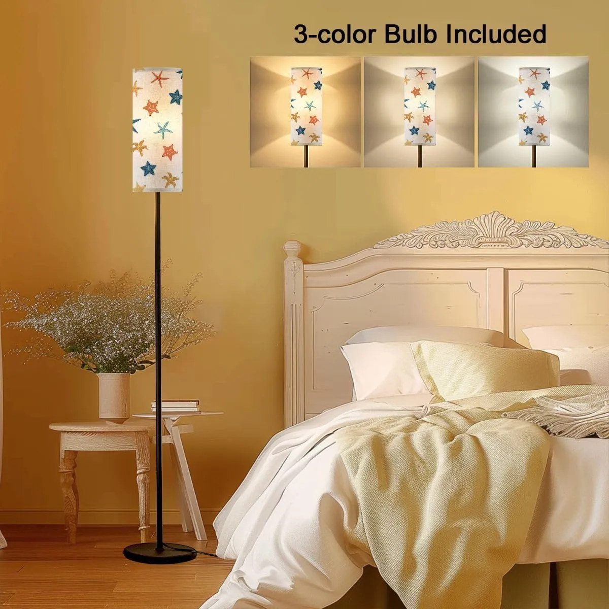 Seamless pattern cartoon doodle starfish shellfish flat style Suitable Modern Floor Lamp Minimalist Standing Lamps for Living Room LED Corner Lamp Remote Control Metal Pole Lamp for Bedroom, Reading