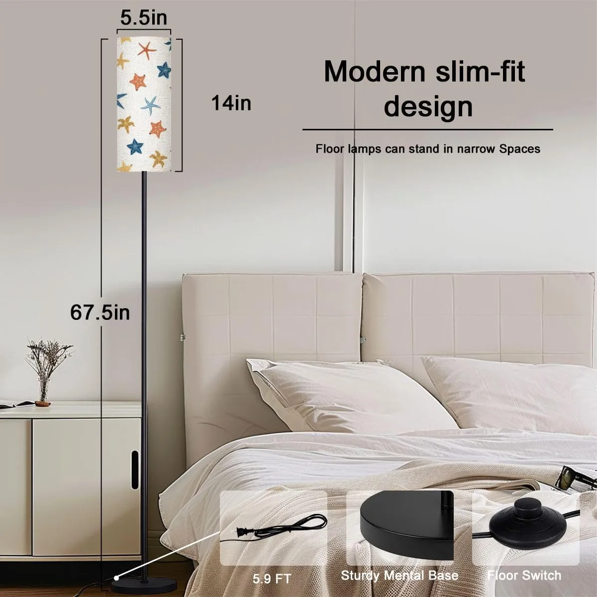 Seamless pattern cartoon doodle starfish shellfish flat style Suitable Modern Floor Lamp Minimalist Standing Lamps for Living Room LED Corner Lamp Remote Control Metal Pole Lamp for Bedroom, Reading