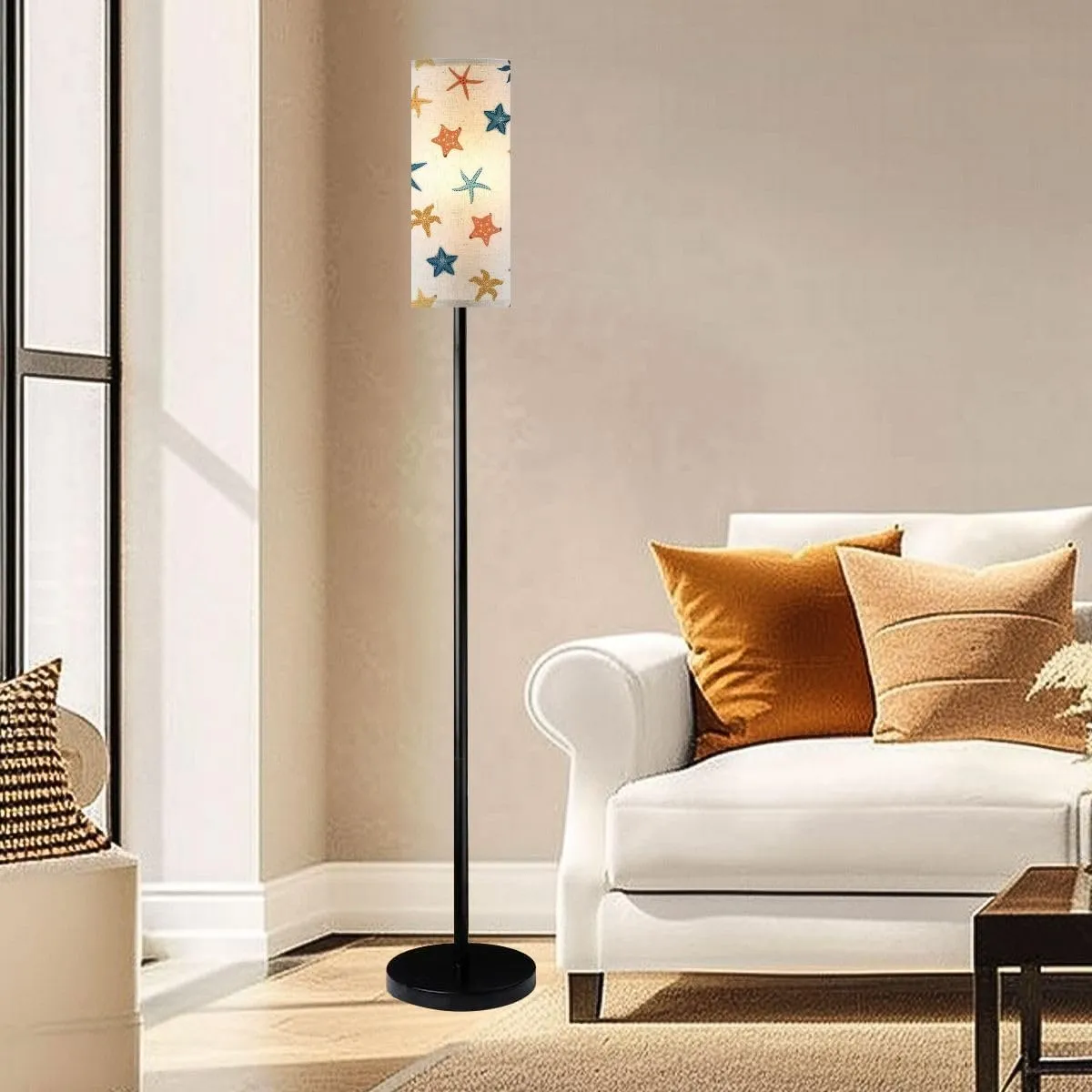 Seamless pattern cartoon doodle starfish shellfish flat style Suitable Modern Floor Lamp Minimalist Standing Lamps for Living Room LED Corner Lamp Remote Control Metal Pole Lamp for Bedroom, Reading