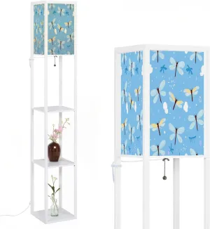 Seamless Pattern Rainbows Dragonfly Cartoons Blue Flat Floor Lamps with Shelves, Modern Standing Lamp Narrow Corner Display Bookshelf Lamp for Living Room, Bedroom, Office Decor