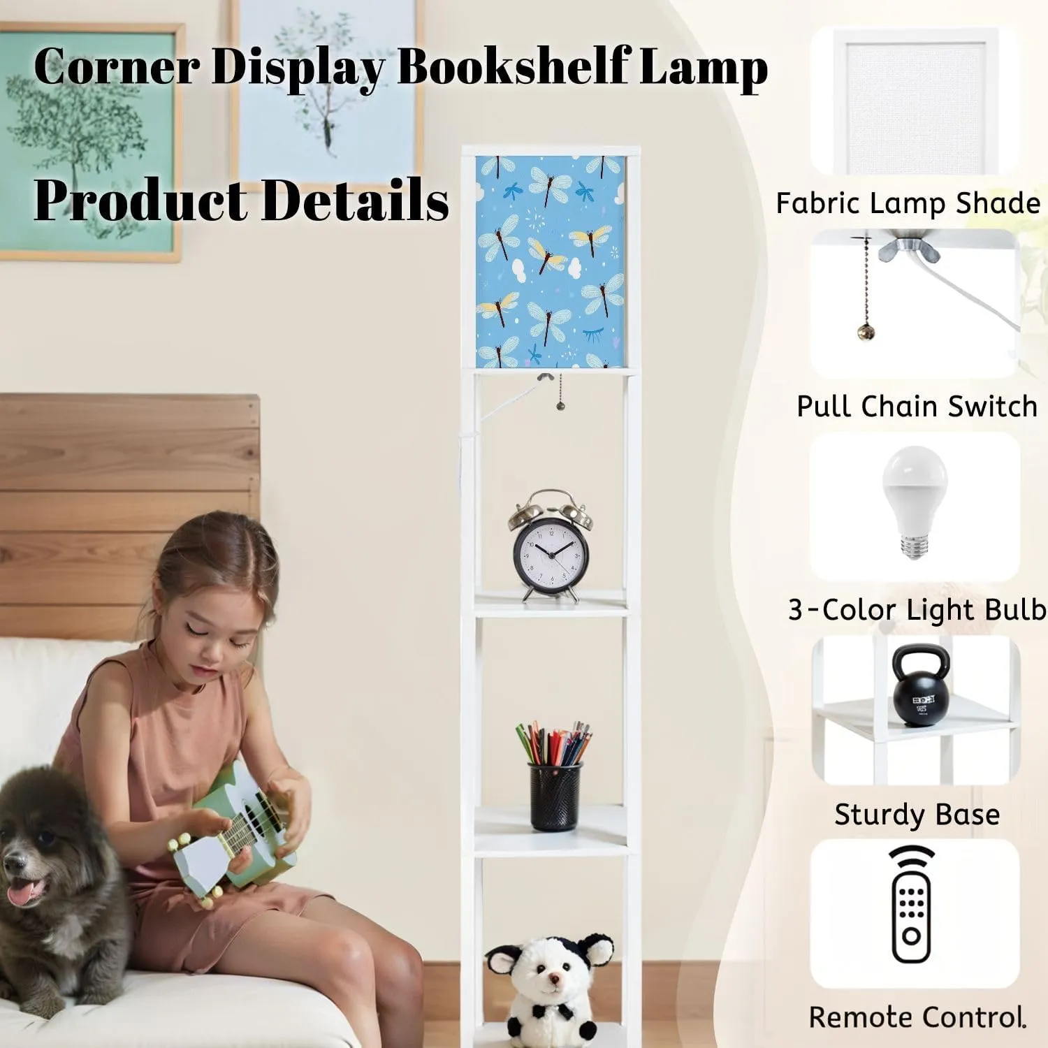 Seamless Pattern Rainbows Dragonfly Cartoons Blue Flat Floor Lamps with Shelves, Modern Standing Lamp Narrow Corner Display Bookshelf Lamp for Living Room, Bedroom, Office Decor