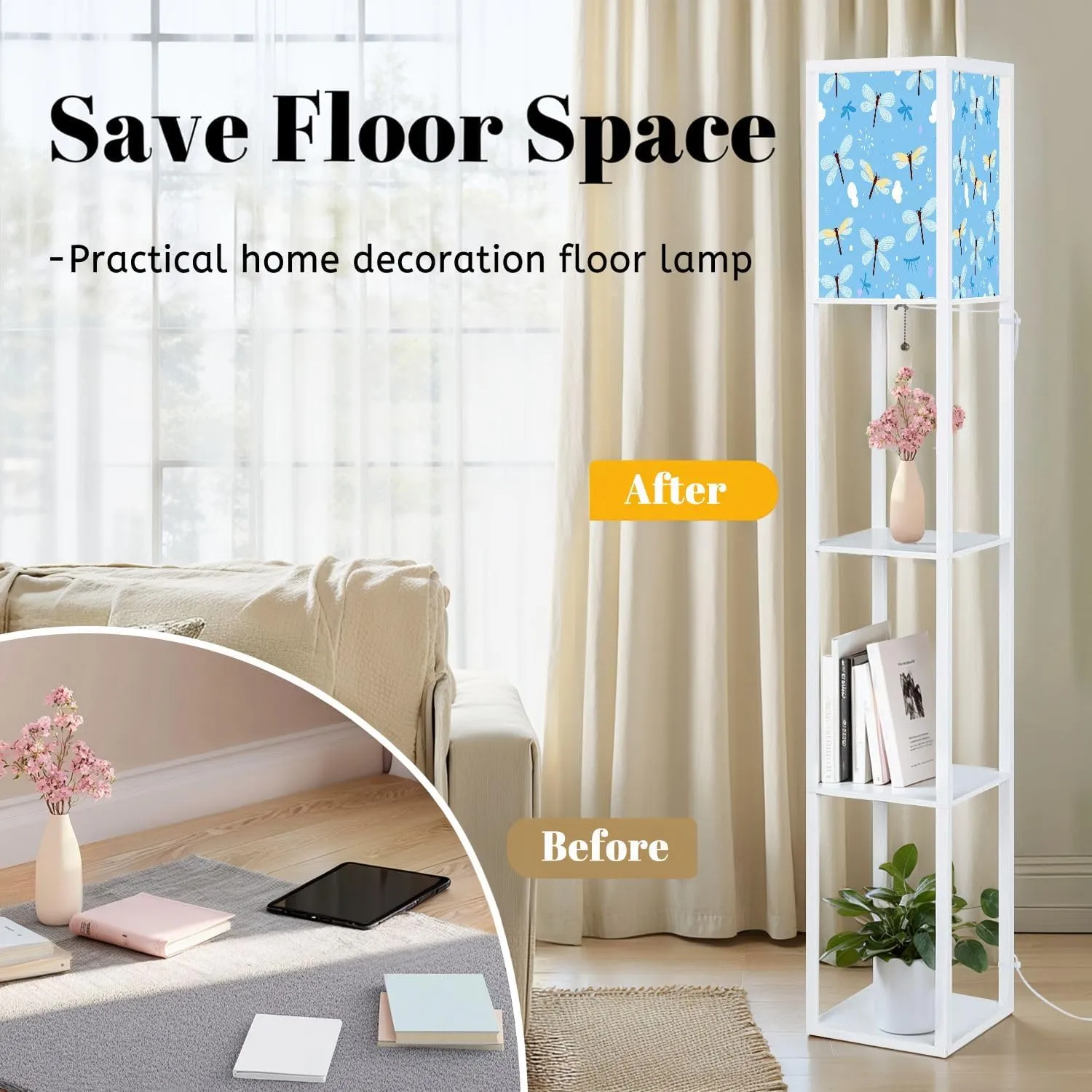 Seamless Pattern Rainbows Dragonfly Cartoons Blue Flat Floor Lamps with Shelves, Modern Standing Lamp Narrow Corner Display Bookshelf Lamp for Living Room, Bedroom, Office Decor