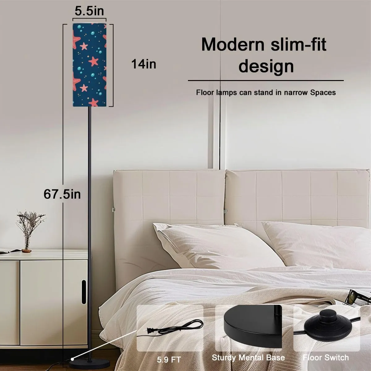 Seamless pattern starfish sand water drops is doodle style kids Flat Modern Floor Lamp Minimalist Standing Lamps for Living Room LED Corner Lamp Remote Control Metal Pole Lamp for Bedroom, Reading