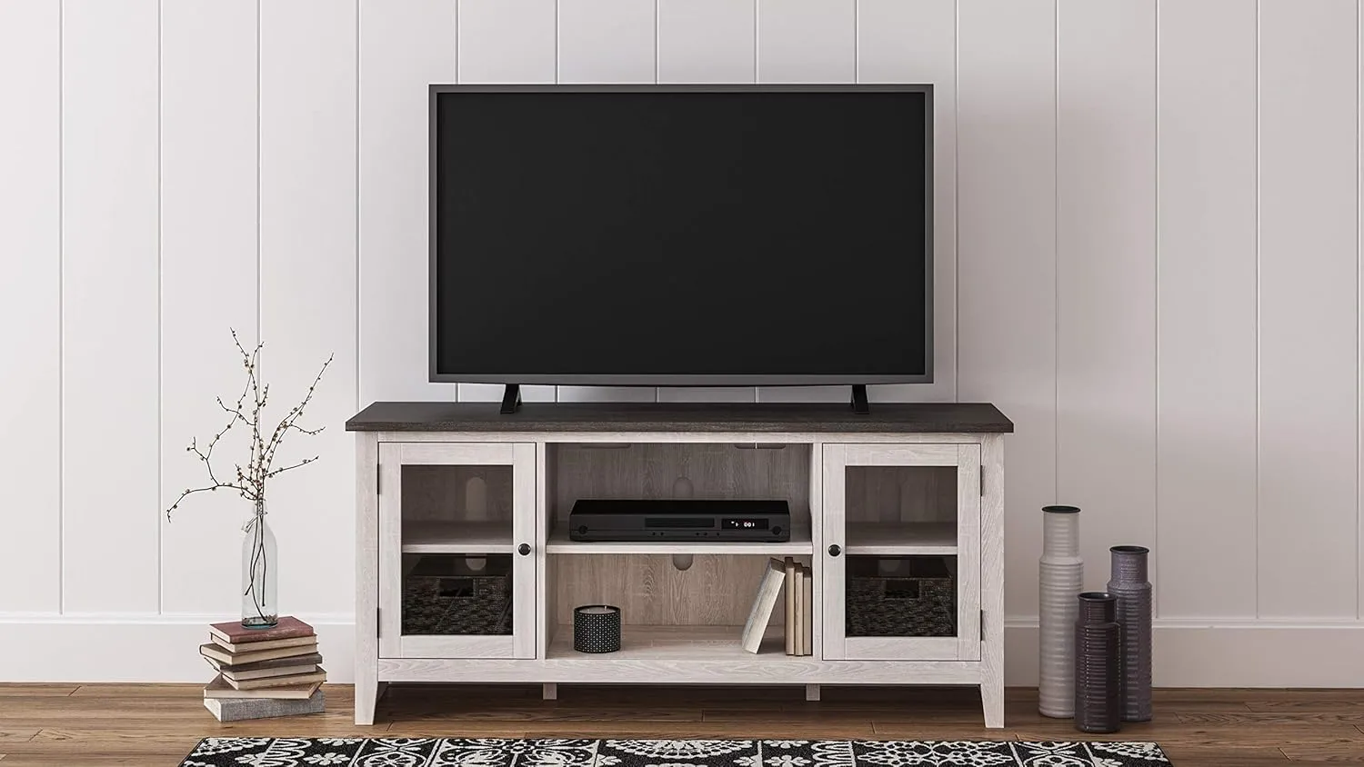 Signature Design by Ashley Dorrinson Farmhouse TV Stand with Fireplace Option, Fits TVs up to 58", Whitewash
