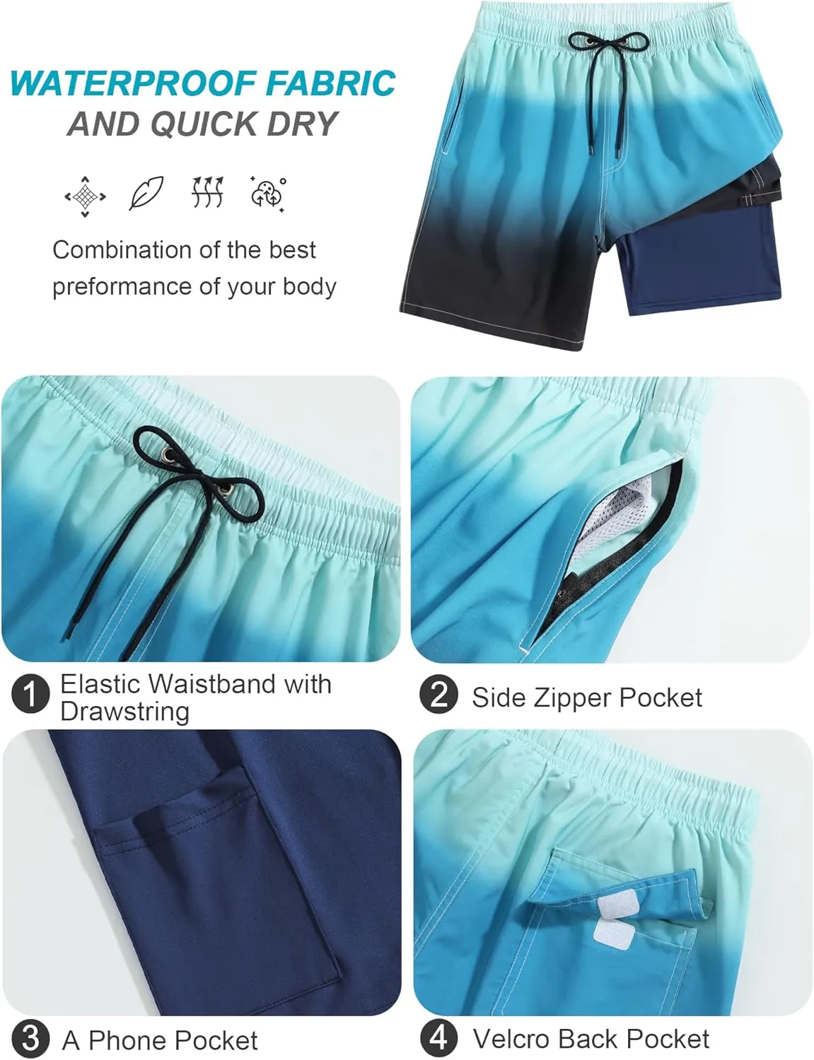 SILKWORLD Mens Swim Trunks Quick Dry Compression Liner 2 in 1 Shorts Men Swimsuit