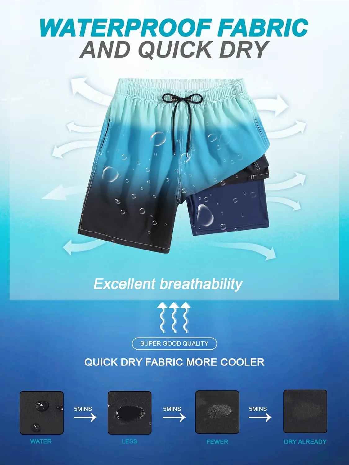 SILKWORLD Mens Swim Trunks Quick Dry Compression Liner 2 in 1 Shorts Men Swimsuit