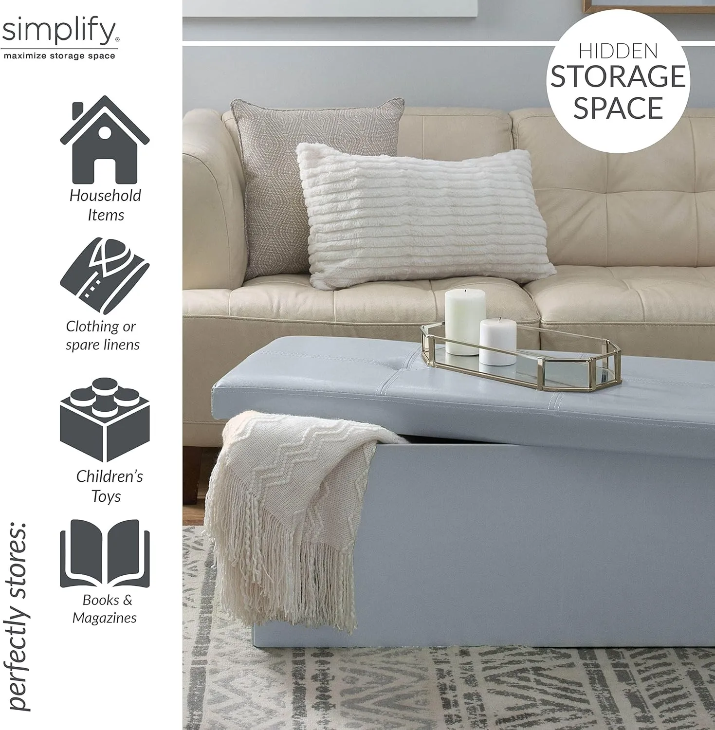 Simplify Faux Leather Folding Storage Ottoman | Triple | Collapsible | Tufted Padded Seating | Foot Rest | Bench | Toy Box | Grey
