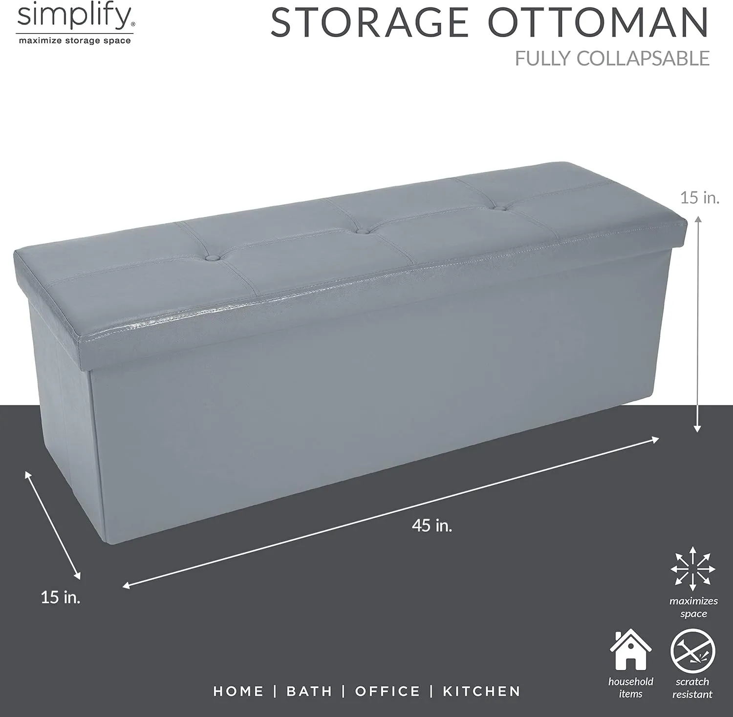 Simplify Faux Leather Folding Storage Ottoman | Triple | Collapsible | Tufted Padded Seating | Foot Rest | Bench | Toy Box | Grey