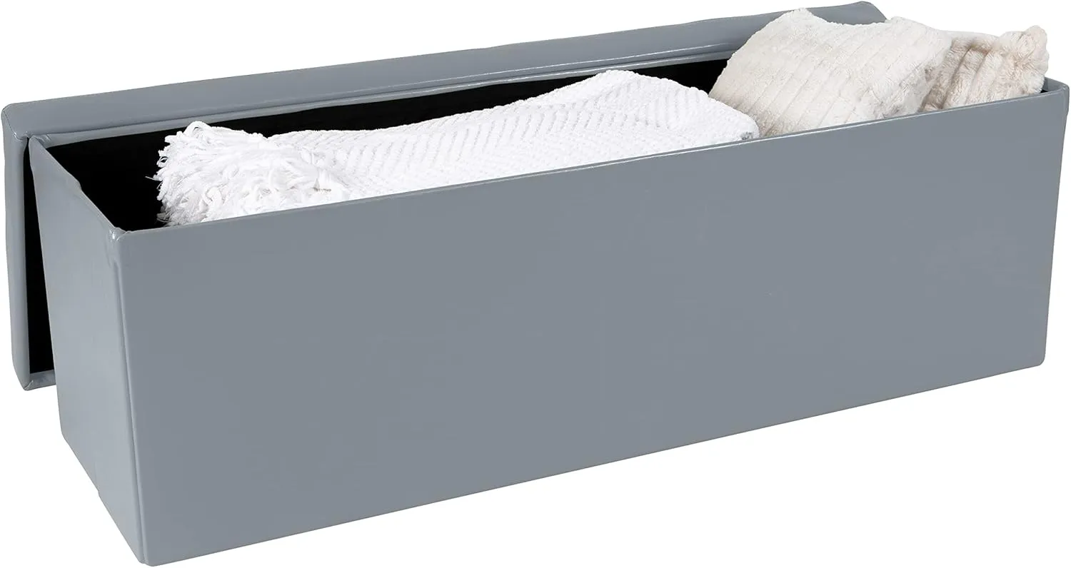 Simplify Faux Leather Folding Storage Ottoman | Triple | Collapsible | Tufted Padded Seating | Foot Rest | Bench | Toy Box | Grey