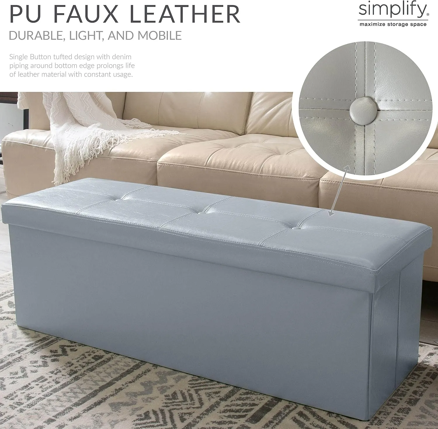 Simplify Faux Leather Folding Storage Ottoman | Triple | Collapsible | Tufted Padded Seating | Foot Rest | Bench | Toy Box | Grey