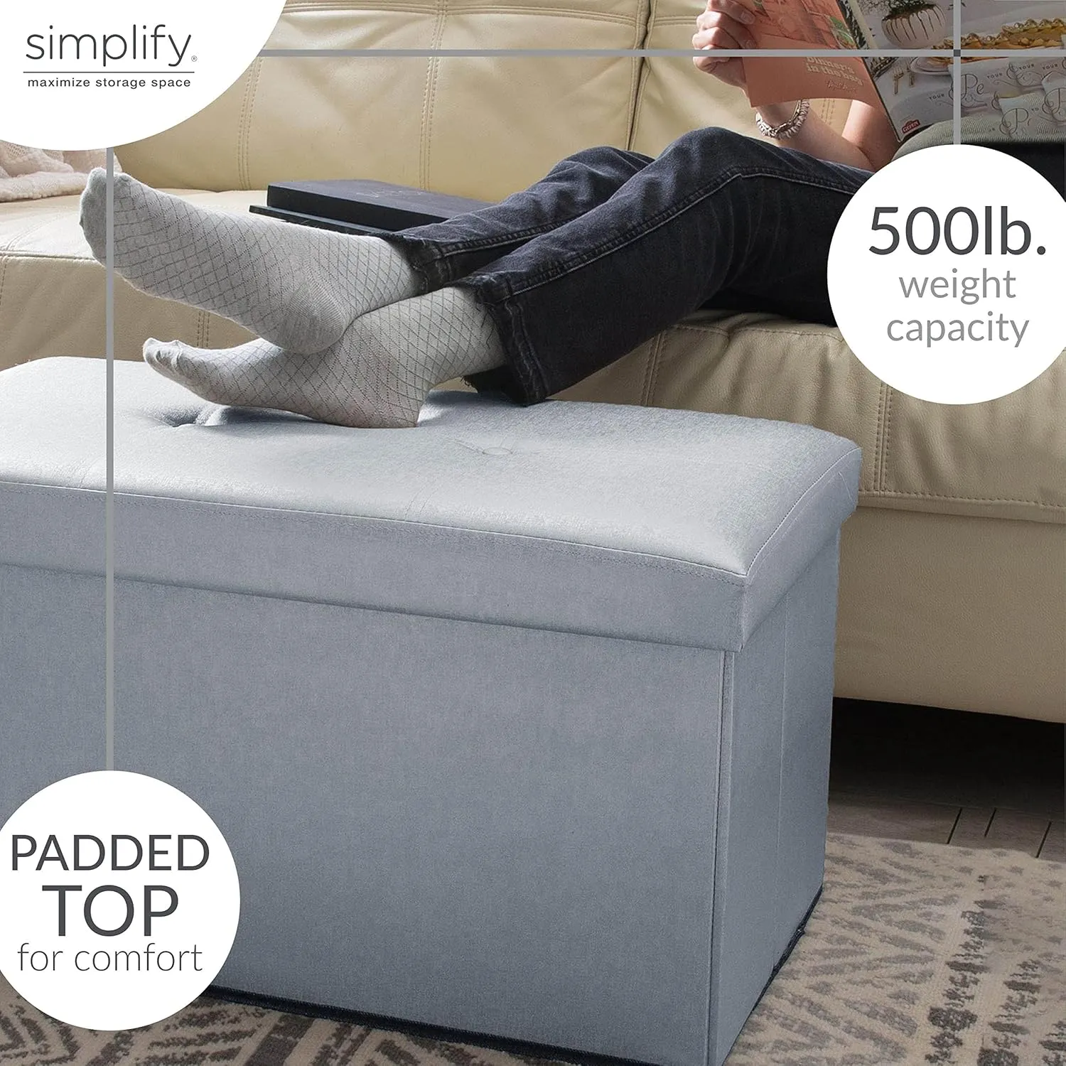 Simplify Faux Leather Folding Storage Ottoman | Triple | Collapsible | Tufted Padded Seating | Foot Rest | Bench | Toy Box | Grey