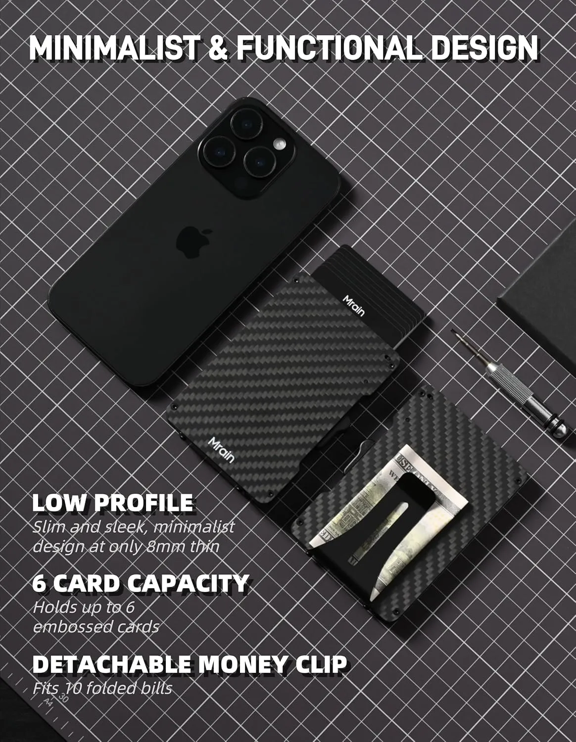 Slim Wallet For Men, Carbon Fiber Wallet With Money Clip, Minimalist Rfid Credit Card Holder, Mens Slim Pop Up Wallet, Gifts for Him (Carbon Fiber)