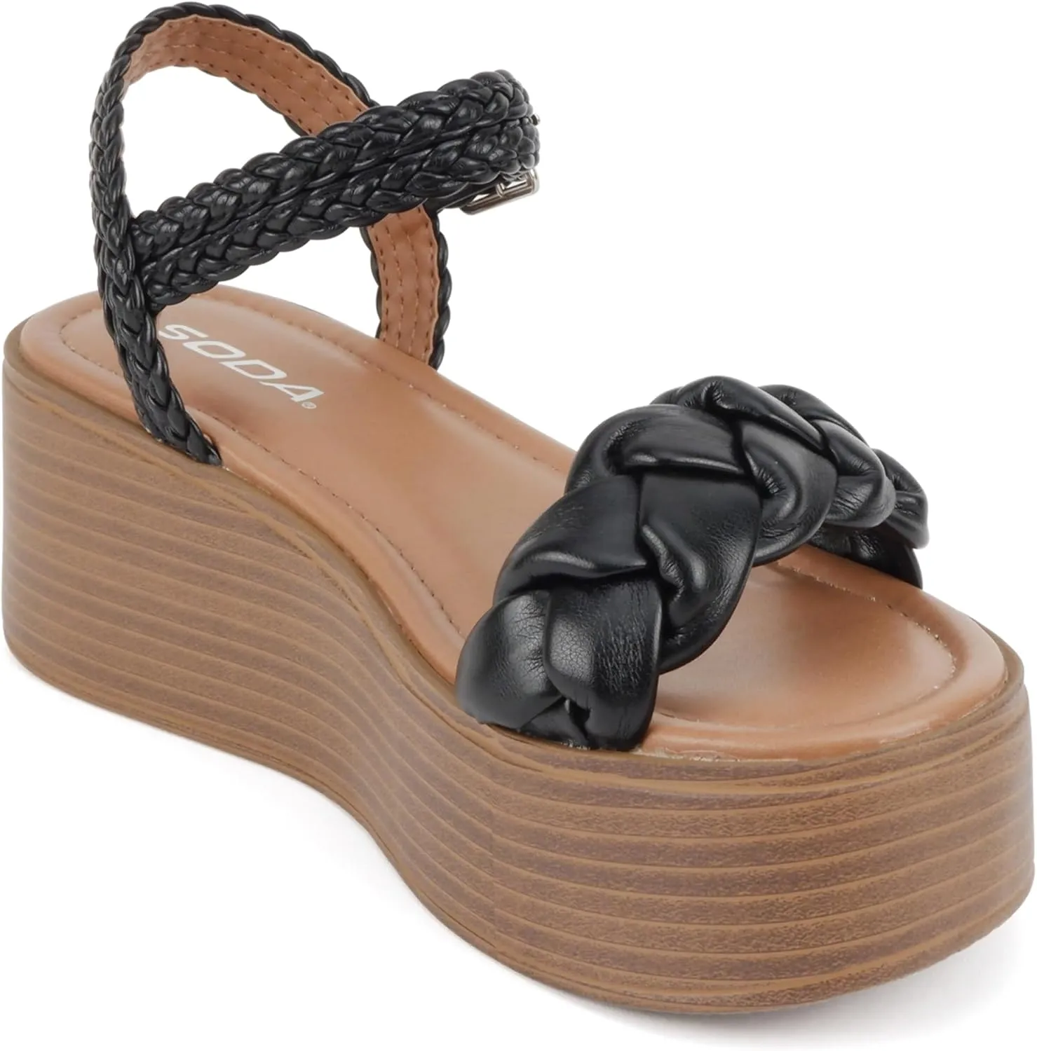 Soda “Invoke” ~ Women Open Round Toe Single Band Flatform Platform Sandal with Braided Straps