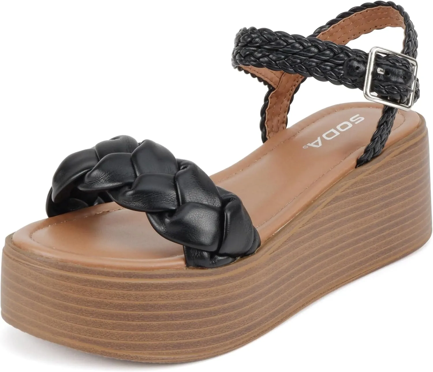 Soda “Invoke” ~ Women Open Round Toe Single Band Flatform Platform Sandal with Braided Straps