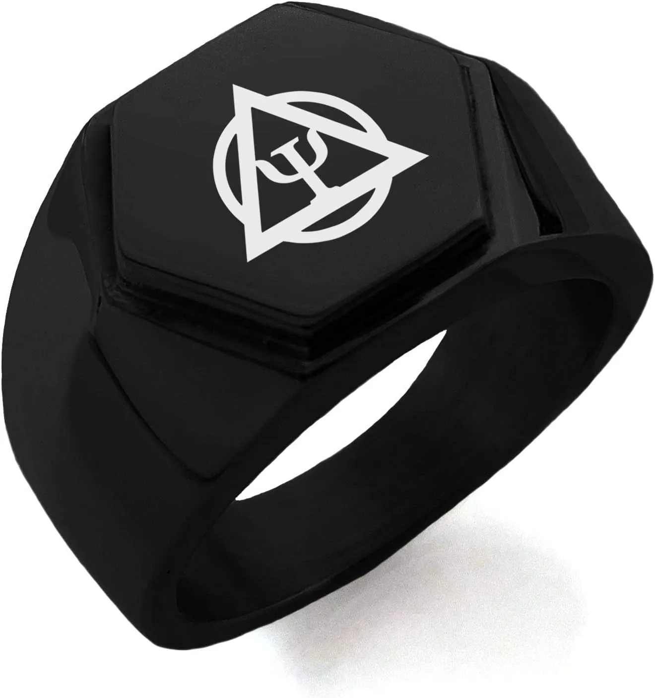 Stainless Steel Psion Emblem Hexagon Crest Flat Top Biker Style Polished Ring