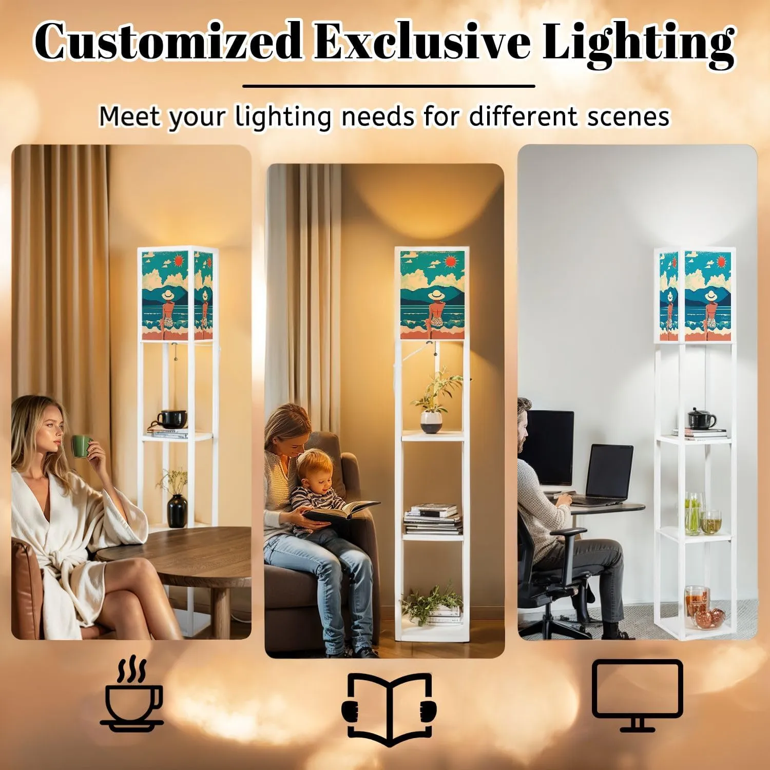 Summer Flat Girl hat Vacation Beach Against Backdrop Mountain Floor Lamps with Shelves, Modern Standing Lamp Narrow Corner Display Bookshelf Lamp for Living Room, Bedroom, Office Decor