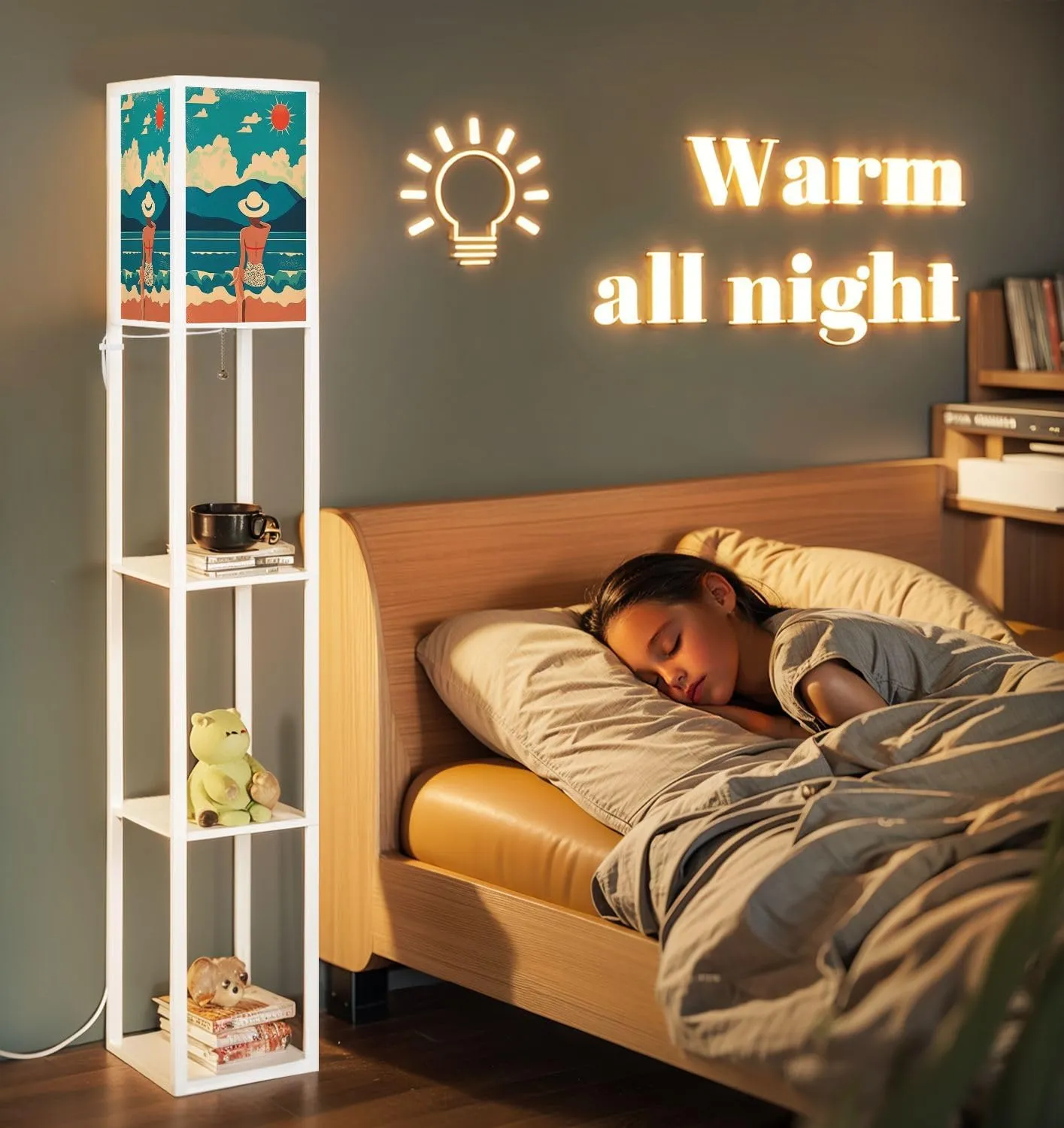 Summer Flat Girl hat Vacation Beach Against Backdrop Mountain Floor Lamps with Shelves, Modern Standing Lamp Narrow Corner Display Bookshelf Lamp for Living Room, Bedroom, Office Decor