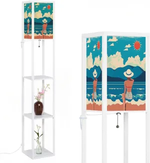 Summer Flat Girl hat Vacation Beach Against Backdrop Mountain Floor Lamps with Shelves, Modern Standing Lamp Narrow Corner Display Bookshelf Lamp for Living Room, Bedroom, Office Decor