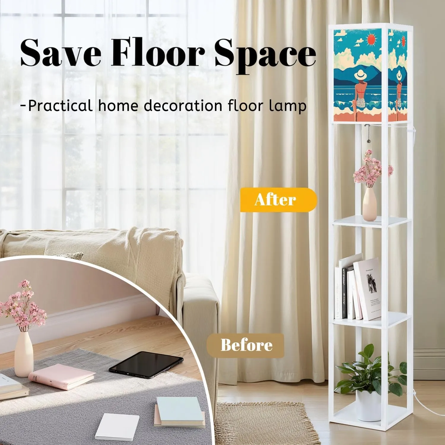 Summer Flat Girl hat Vacation Beach Against Backdrop Mountain Floor Lamps with Shelves, Modern Standing Lamp Narrow Corner Display Bookshelf Lamp for Living Room, Bedroom, Office Decor