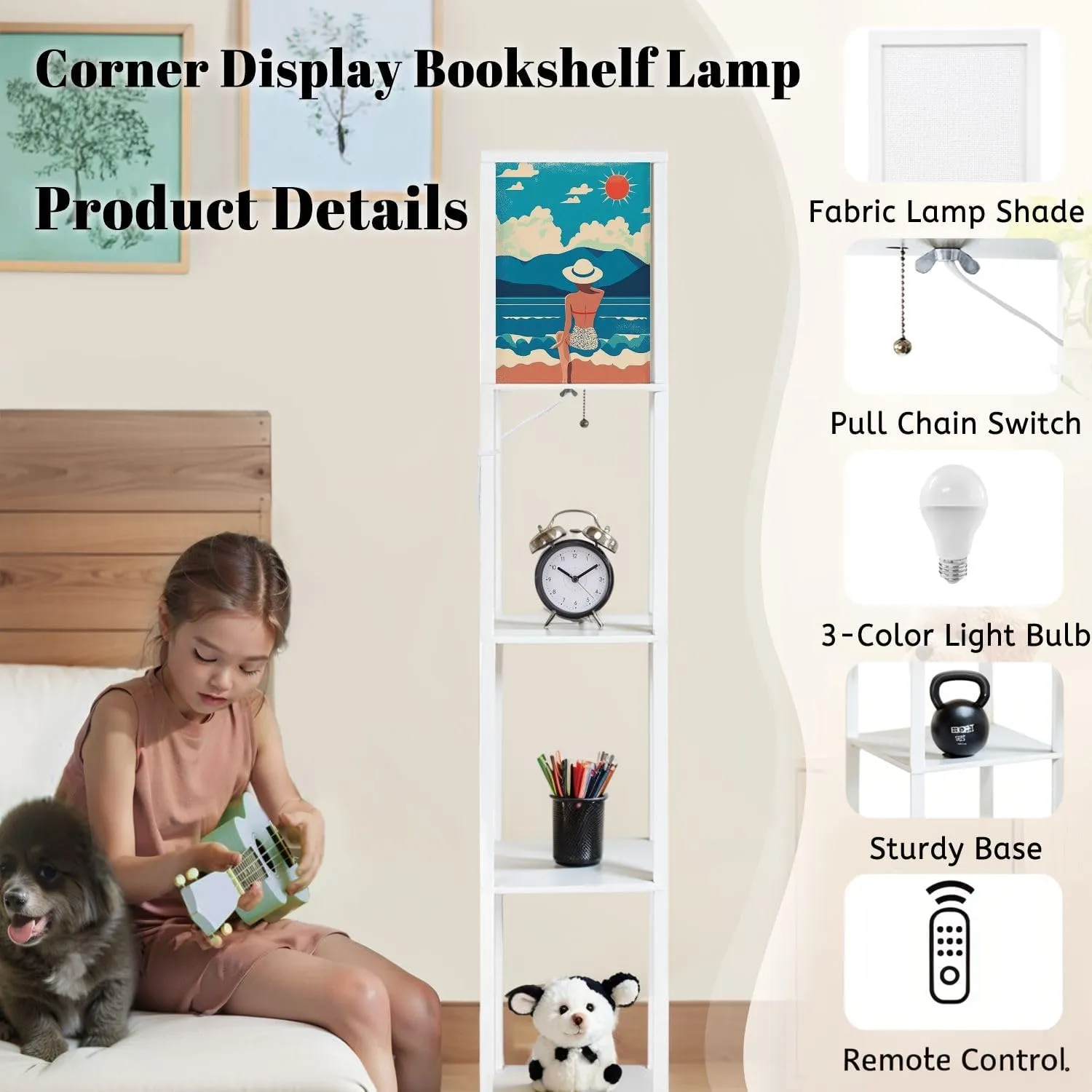 Summer Flat Girl hat Vacation Beach Against Backdrop Mountain Floor Lamps with Shelves, Modern Standing Lamp Narrow Corner Display Bookshelf Lamp for Living Room, Bedroom, Office Decor