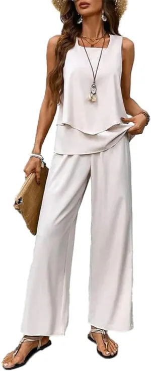 Summer Two Piece Sets Women 2025 Boho Floral Going Out Outfit Sleeveless Tiered Tank Top Wide Leg Pant Suit