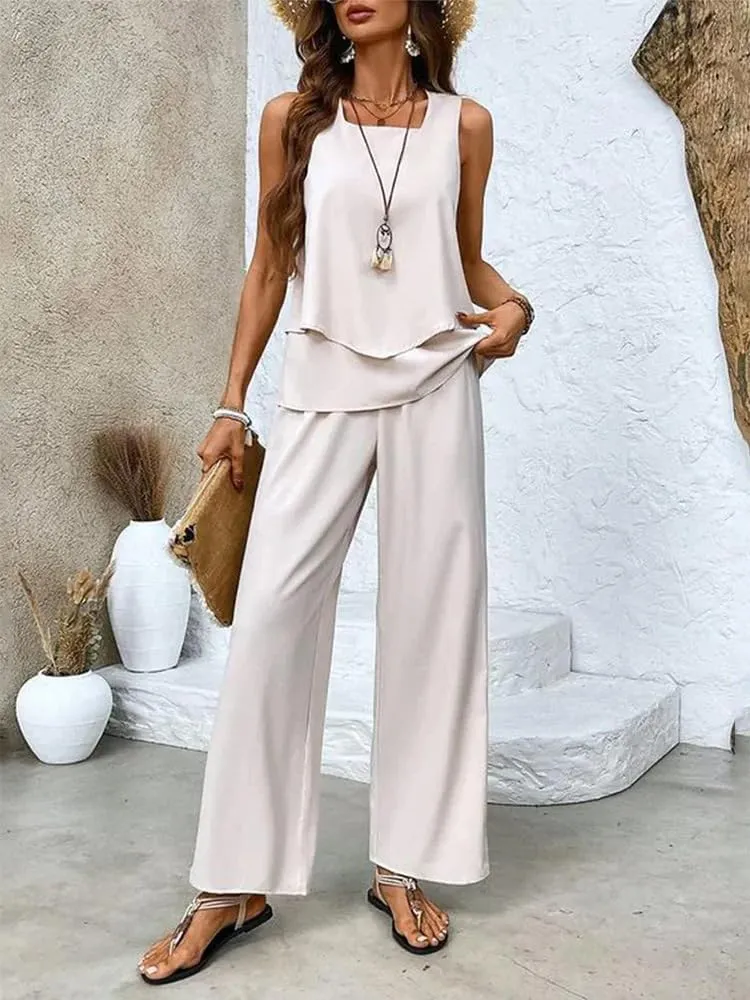 Summer Two Piece Sets Women 2025 Boho Floral Going Out Outfit Sleeveless Tiered Tank Top Wide Leg Pant Suit