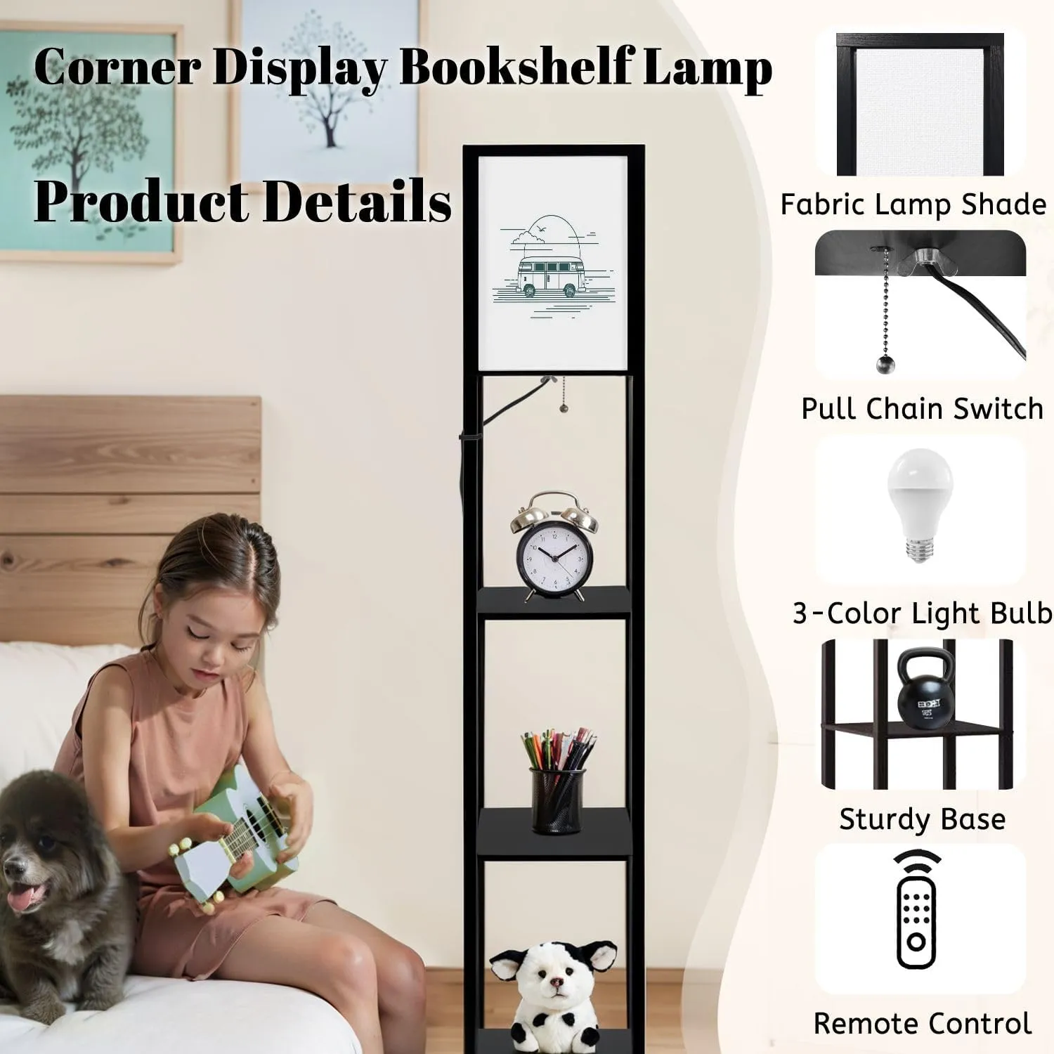 Surf Van Beach Flat line Sunset Landscape Adventure Floor Lamps with Shelves, Modern Standing Lamp Narrow Corner Display Bookshelf Lamp for Living Room, Bedroom, Office Decor