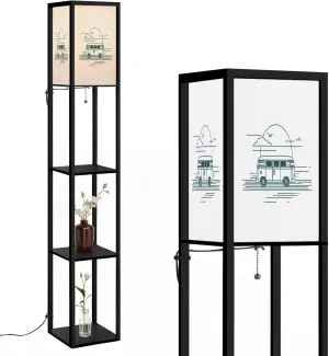 Surf Van Beach Flat line Sunset Landscape Adventure Floor Lamps with Shelves, Modern Standing Lamp Narrow Corner Display Bookshelf Lamp for Living Room, Bedroom, Office Decor