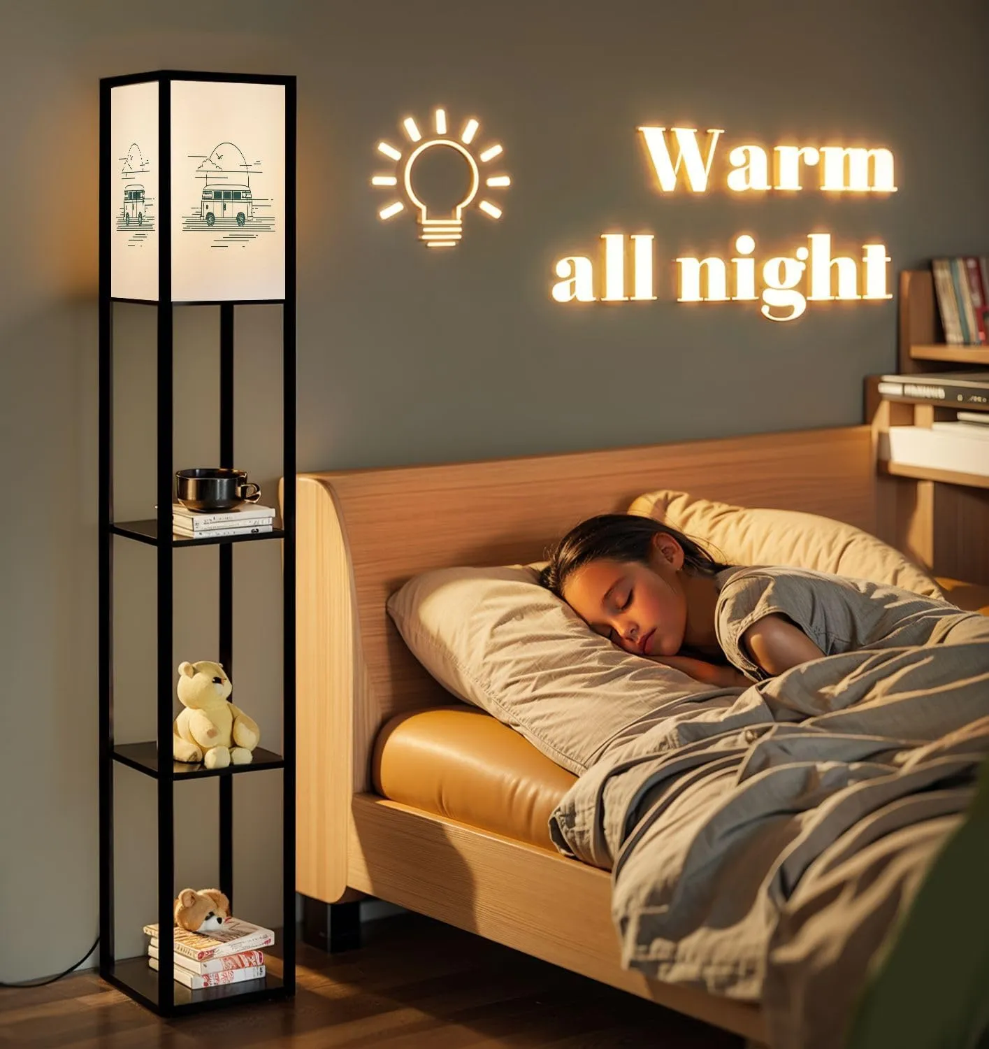 Surf Van Beach Flat line Sunset Landscape Adventure Floor Lamps with Shelves, Modern Standing Lamp Narrow Corner Display Bookshelf Lamp for Living Room, Bedroom, Office Decor