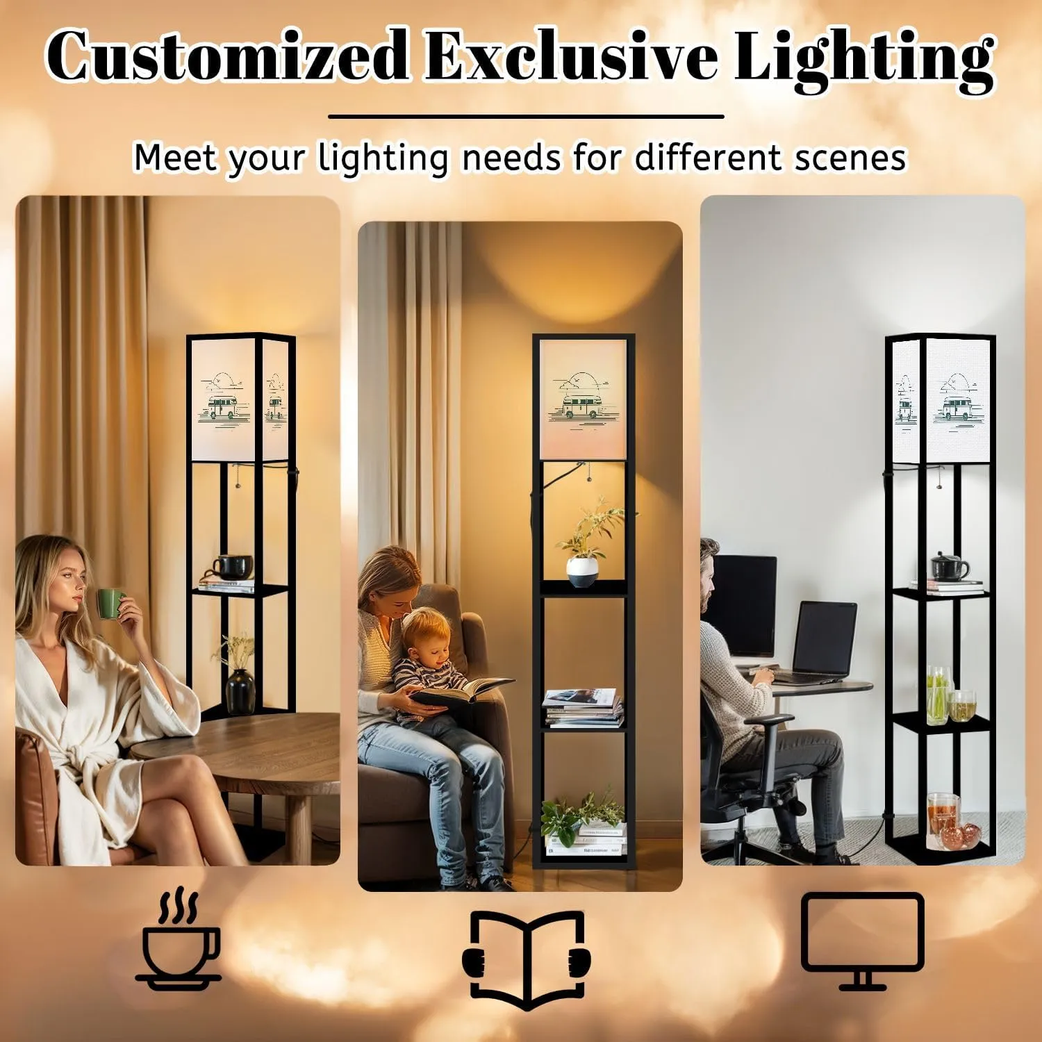 Surf Van Beach Flat line Sunset Landscape Adventure Floor Lamps with Shelves, Modern Standing Lamp Narrow Corner Display Bookshelf Lamp for Living Room, Bedroom, Office Decor